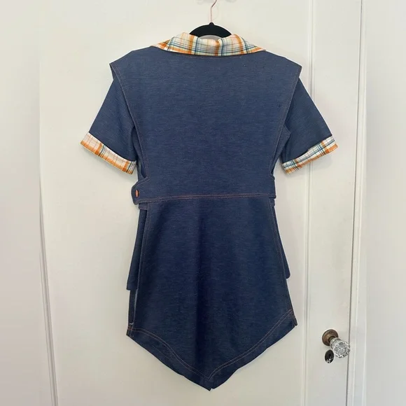 VINTAGE 3-pc 60s/70s denim/plaid print skirt/shirt/tunic set w/apple motif (S) - Picture 7 of 16